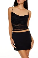 Mesh Rhinestone Cowl Neck Crop Top