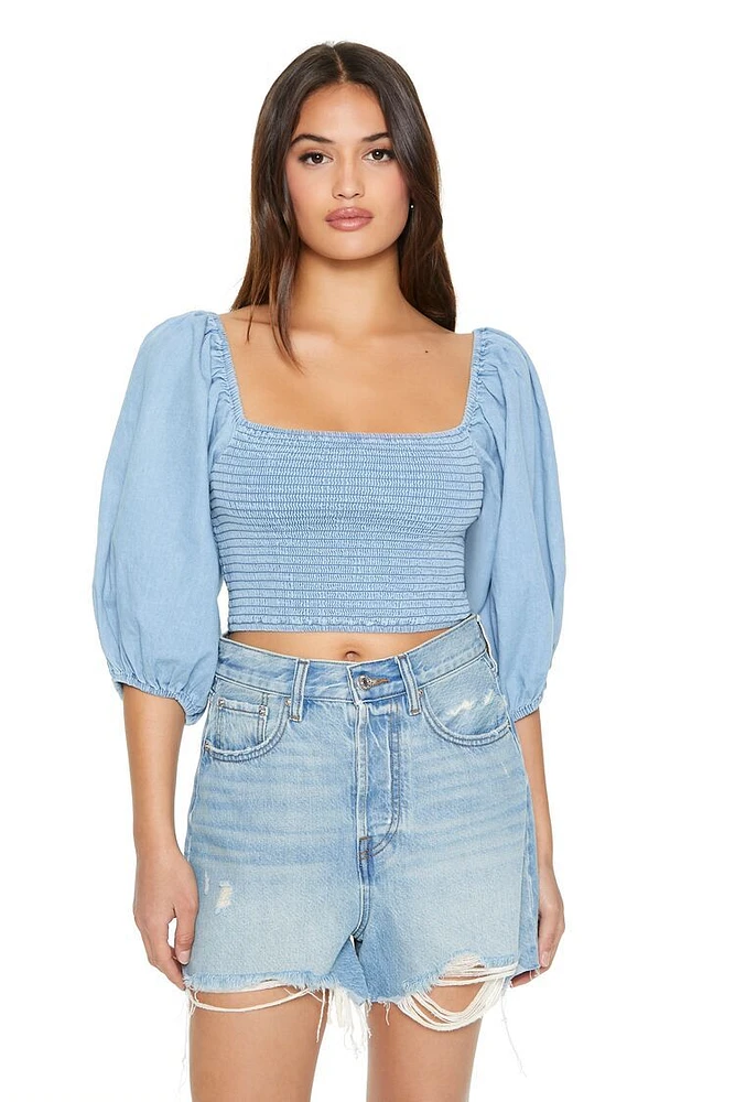 Chambray Smocked Crop Top