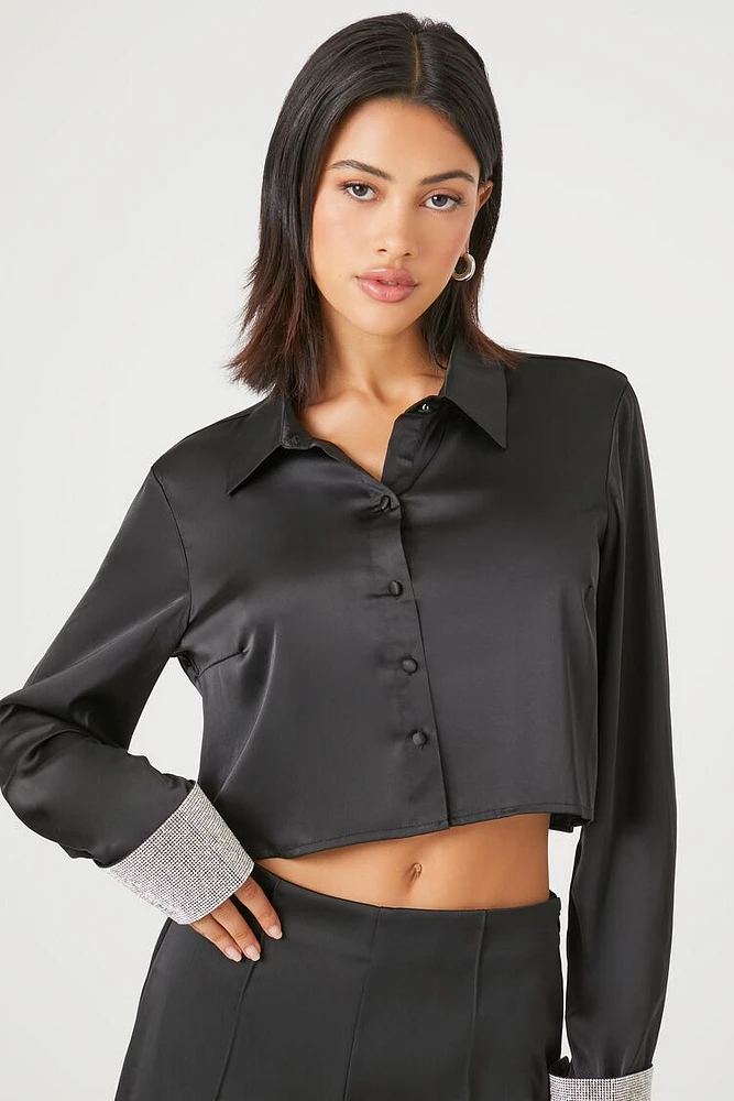 Satin Rhinestone Cuff Shirt