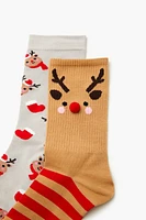 Reindeer Pom Pom Crew Socks - 2 pack