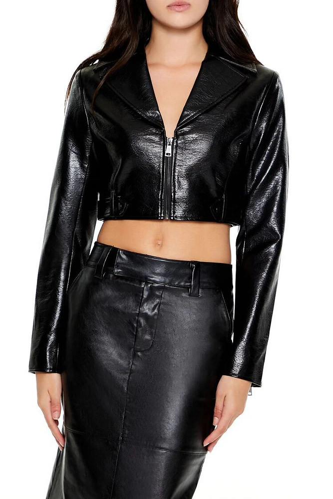 Cropped Faux Leather Zip-Up Jacket