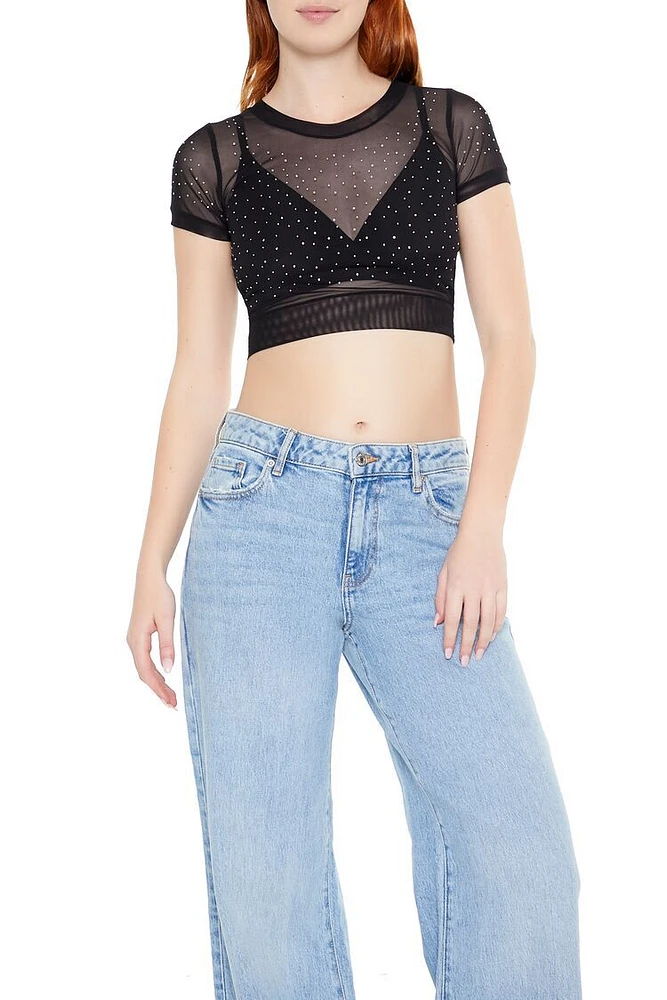 Cropped Mesh Rhinestone Tee