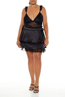 Plus Satin & Lace Mini Skirt