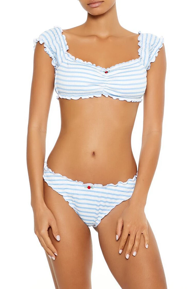 Striped Seersucker Ruffle-Sleeve Bikini Top