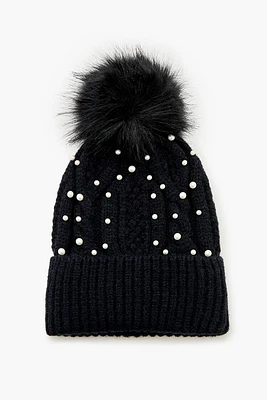 Faux Pearl Pom Beanie