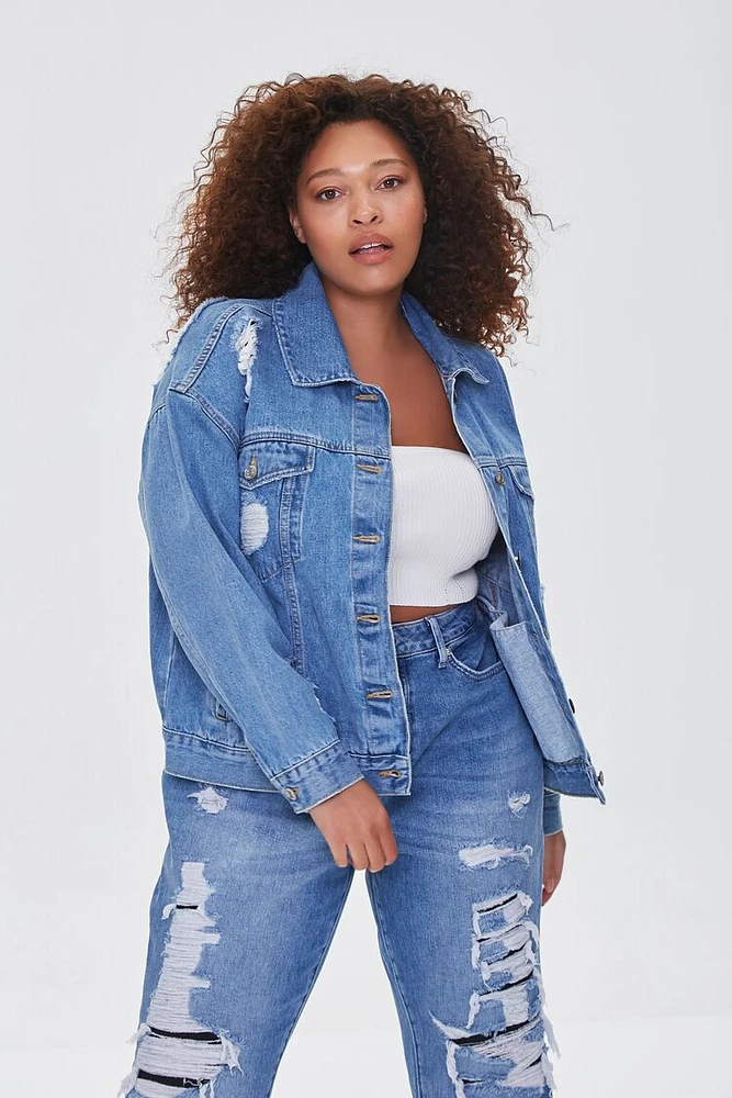 Plus Distressed Denim Jacket