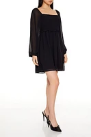 Chiffon Smocked Peasant-Sleeve Mini Dress
