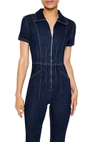 Zip-Up Denim Short-Sleeve Jumpsuit