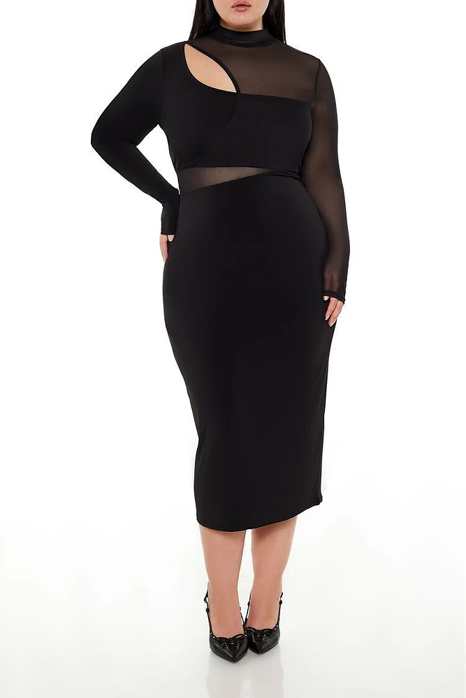 Plus Mesh Long-Sleeve Midi Dress