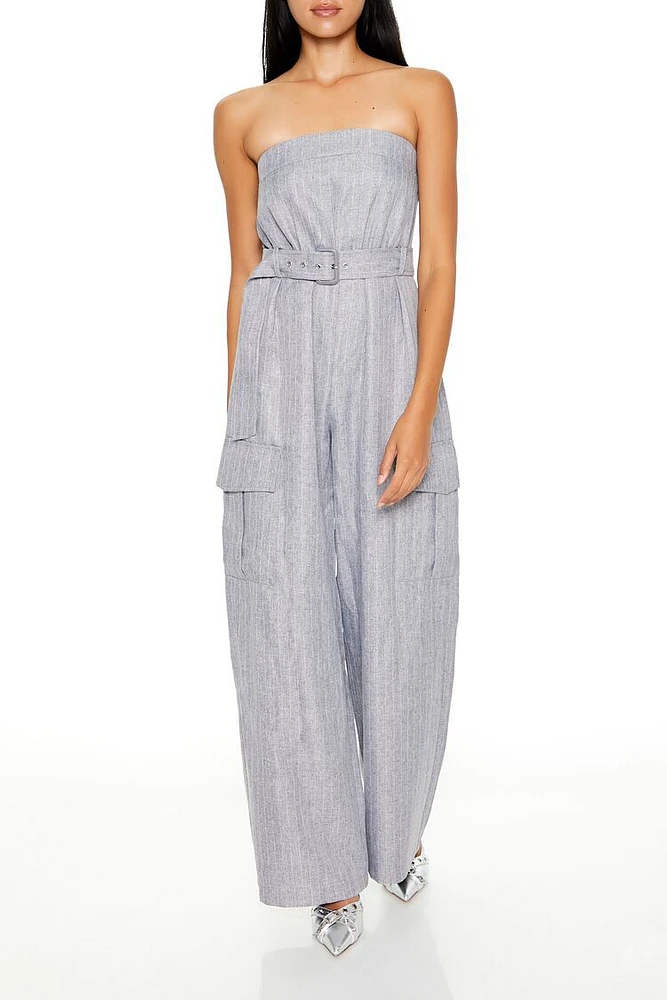 Belted Pinstriped Cargo Jumpsuit