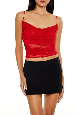 Mesh Rhinestone Cowl Neck Crop Top