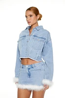 Faux Feather Denim Trucker Jacket