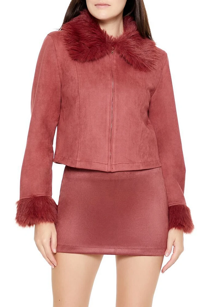 Faux Fur-Trim Zip-Up Jacket