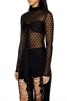 Mesh Polka Dot Mock Neck Top