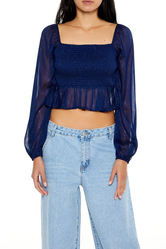 Metallic Peasant-Sleeve Crop Top