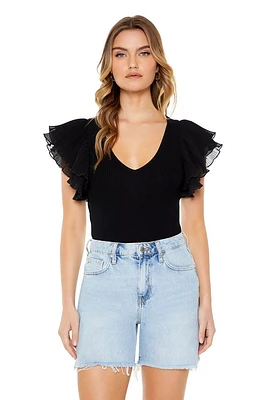 Ribbed Ruffle-Sleeve Bodysuit