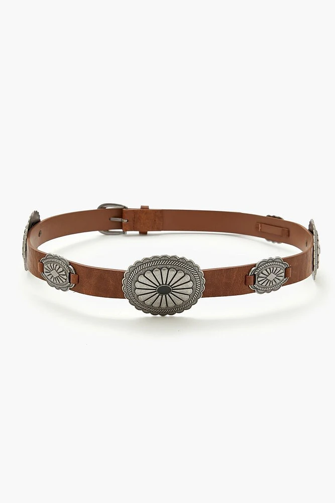 Etched Disc Faux Leather Belt