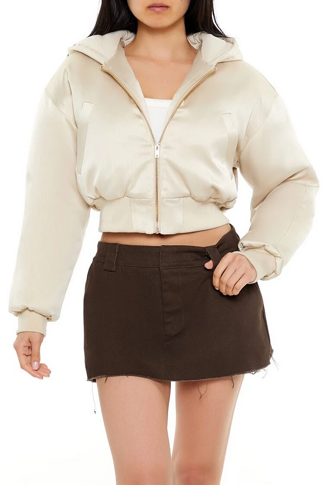 Hooded Satin Cropped Bomber Jacket