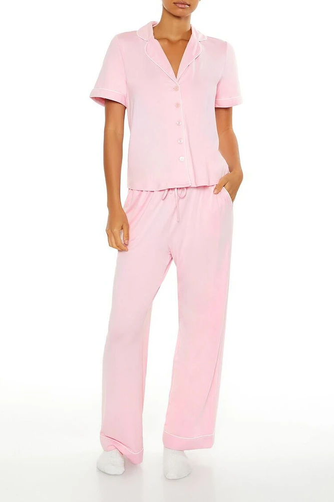 Piped-Trim Wide-Leg Pajama Pants