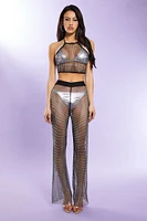 Rhinestone Netted Wide-Leg Pants