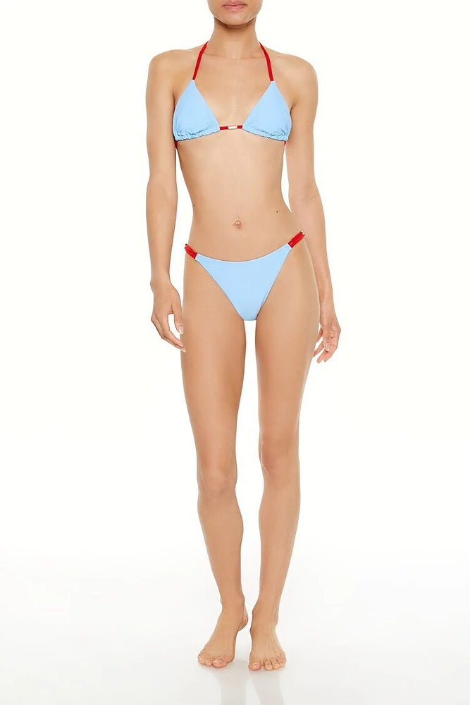 Contrast Double Side-Bar Ruched String Bikini Bottoms