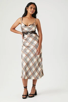 Satin Plaid Lace-Trim Midi Dress