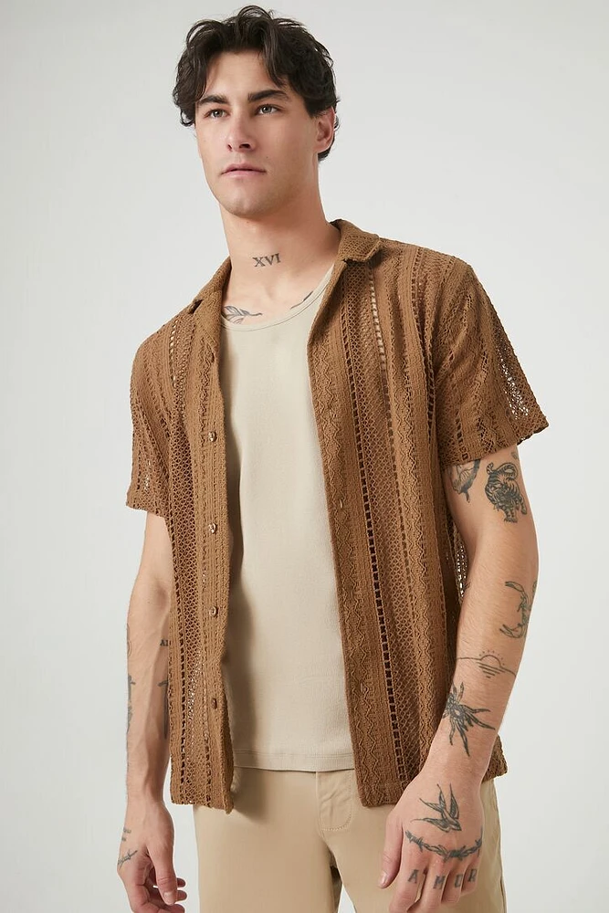 Geo Crochet Cuban-Collar Shirt