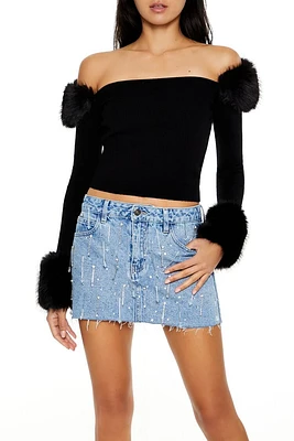 Faux Fur-Trim Sweater-Knit Crop Top