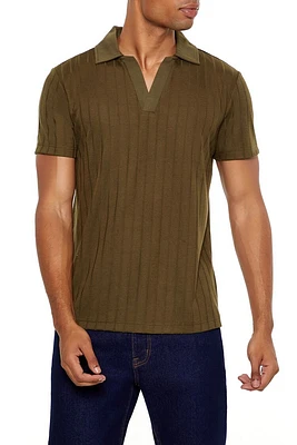 Ribbed Knit V-Neck Polo Shirt