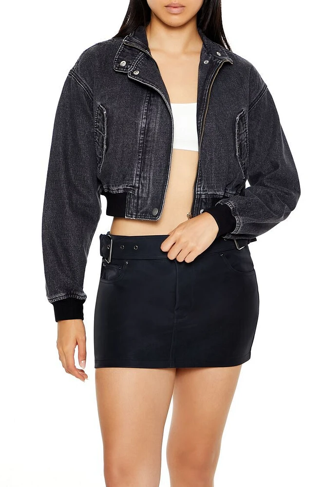 Cropped Denim Bomber Jacket