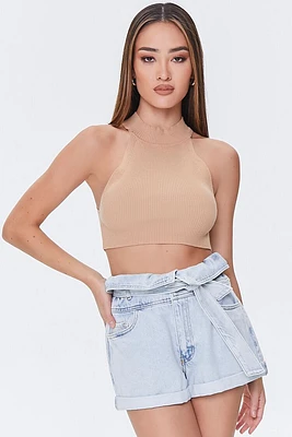 Belted Foldover Denim Shorts