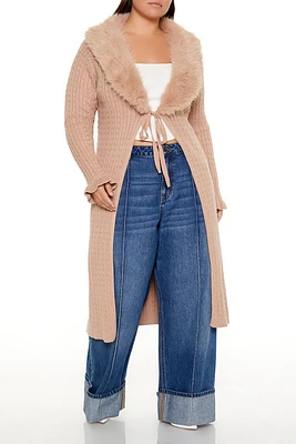 Plus Faux Fur-Trim Duster Sweater