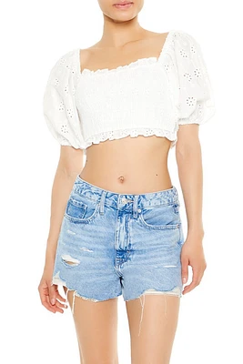 Floral Eyelet Puff-Sleeve Crop Top