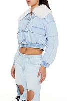 Faux Shearling Denim Bomber Jacket