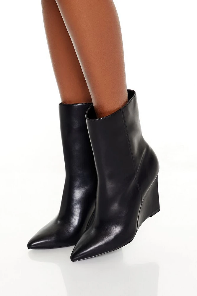 Faux Leather Pointed Wedge Booties