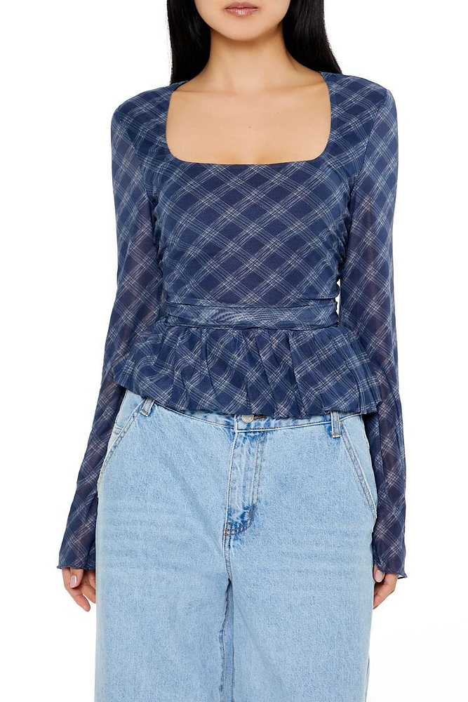 Plaid Square-Neck Peplum Top