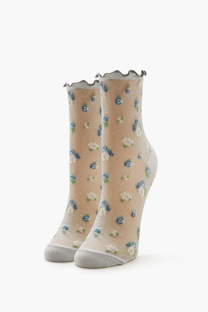 Sheer Mesh Floral Quarter Socks