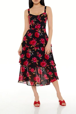 Tiered Rose Sweetheart Midi Dress