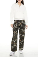 Leaf Print Wide-Leg Cargo Pants