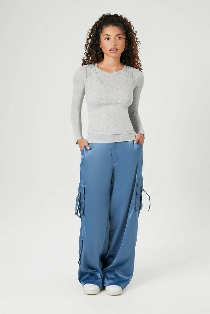 Satin Wide-Leg Cargo Pants