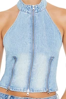 Zippered Denim Halter Crop Top