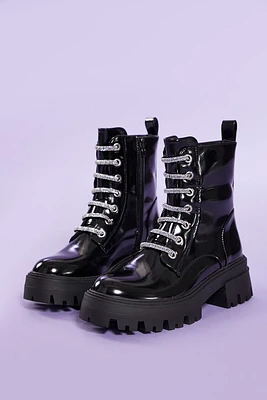 Rhinestone Faux Leather Combat Boots