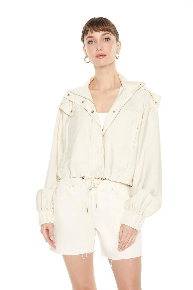 Hooded Cropped Snap-Button Jacket