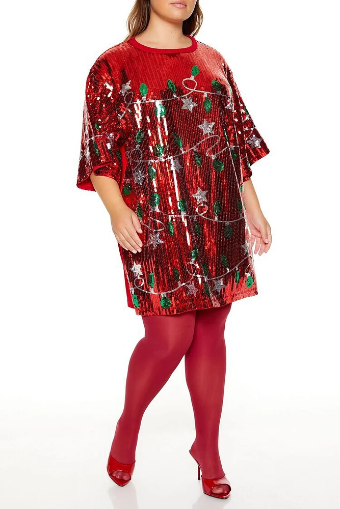 Plus Sequin Christmas Lights T-Shirt Dress