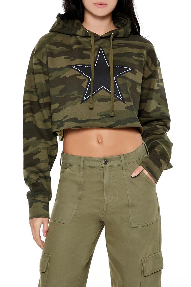 Camo Print Star Cropped Hoodie