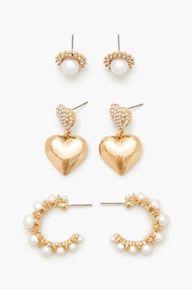 Faux Pearl Heart Earring Set