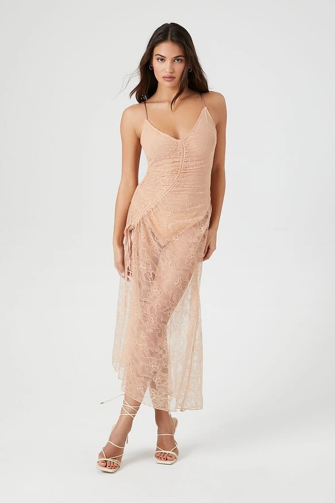Sheer Lace Drawstring Maxi Dress