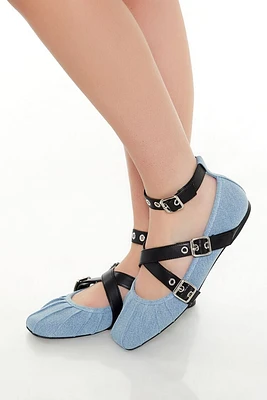 Buckled Strappy Denim Ballet Flats