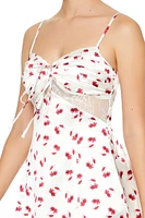 Ruched Satin Cherry Mini Dress