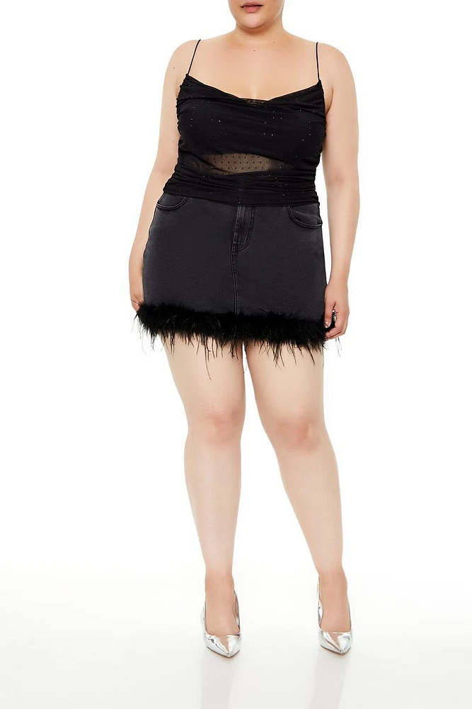 Plus Faux Feather Denim Mini Skirt